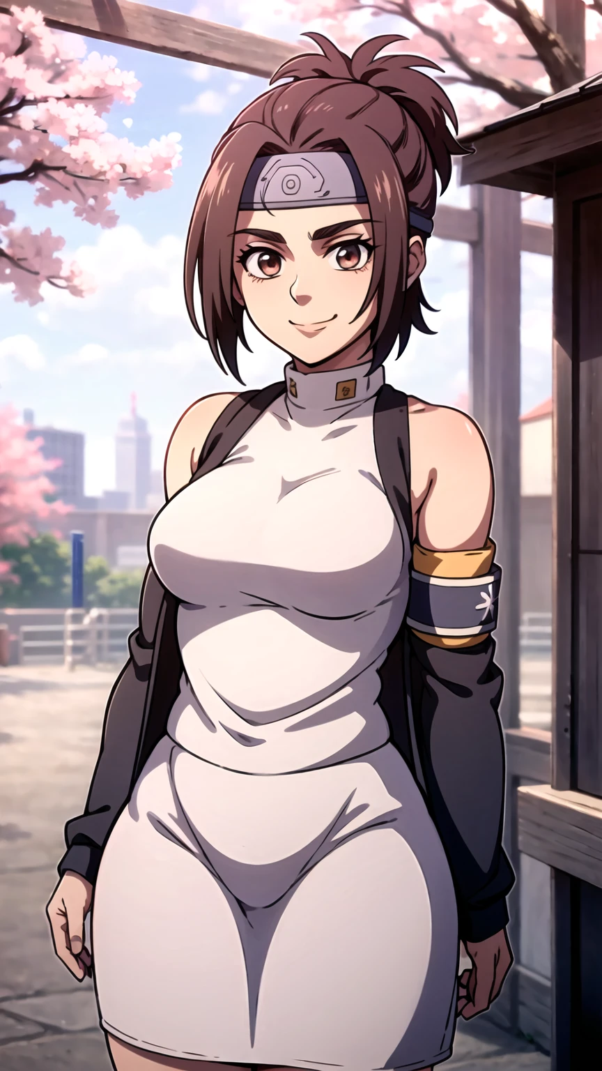 (cowboy shot), sfw,  (masterpiece), (best quality:1.0), (ultra highres:1.0), detailed eyes
BREAK
GabiAOT, looking at viewer, 1girl, smiling
open jacket, cropped jacket, (fishnet), skirt, pouches, headband, armband
narutoStyle
BREAK
(school, city, sakura tree, outdoors, gorgeous view)