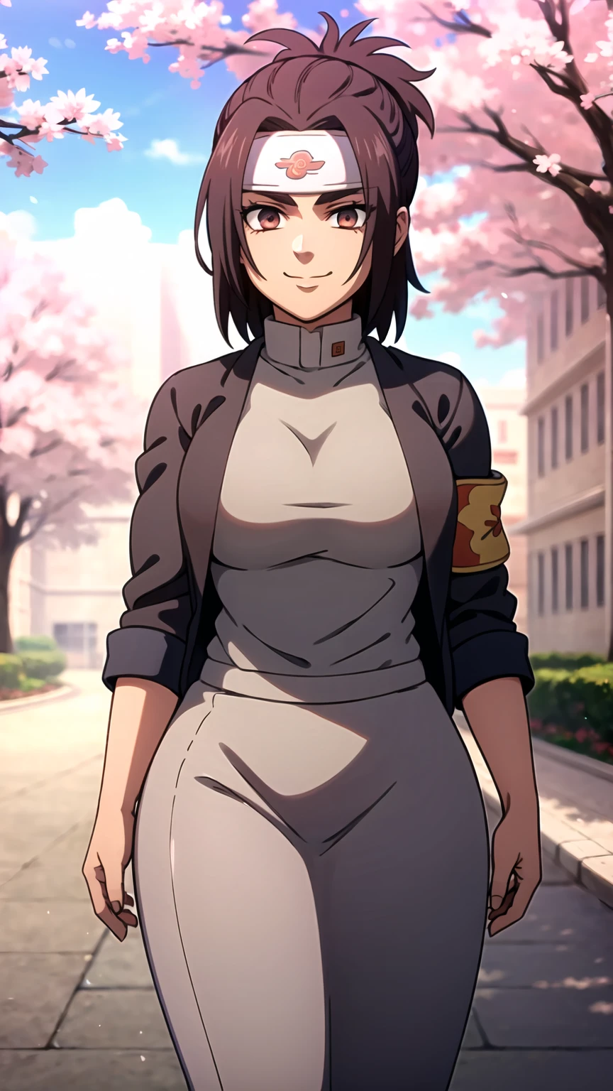 (cowboy shot), sfw,  (masterpiece), (best quality:1.0), (ultra highres:1.0), detailed eyes
BREAK
GabiAOT, looking at viewer, 1girl, smiling
open jacket, cropped jacket, (fishnet), skirt, pouches, headband, armband
narutoStyle
BREAK
(school, city, sakura tree, outdoors, gorgeous view)