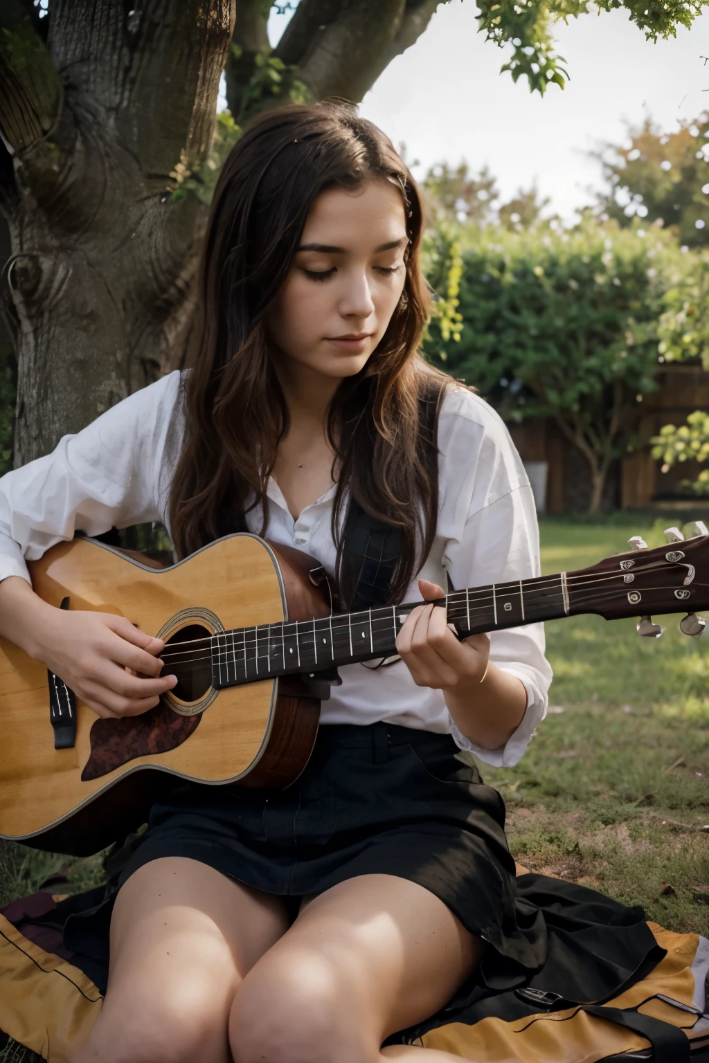 Girl sitting playing guitars under realistic epic tree 