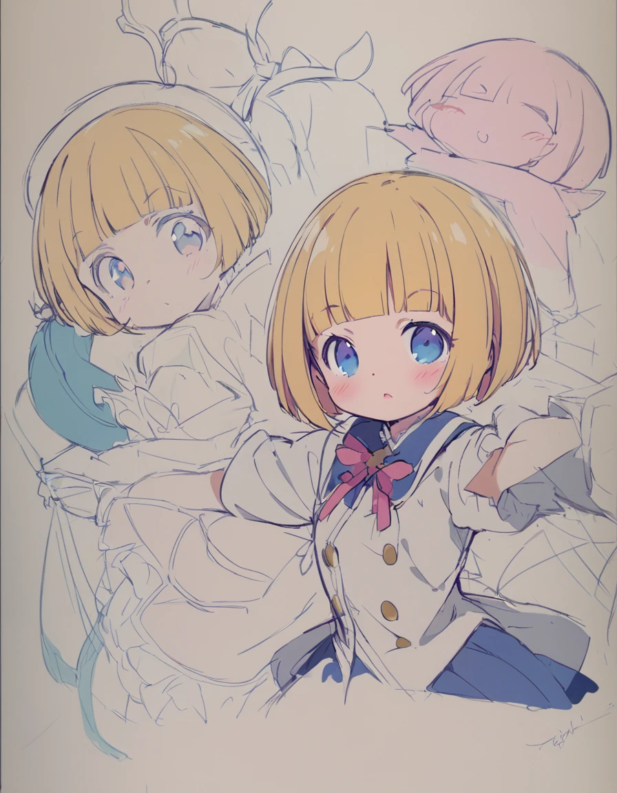  A girl from the magic school poses cutely in the center(Sketches), (Open Close), (Small body), (Pink Cheeks),Golden Hair, (Short Bob Hair:1.4), (Blue eyes)(Blunt bangs:1.3)
