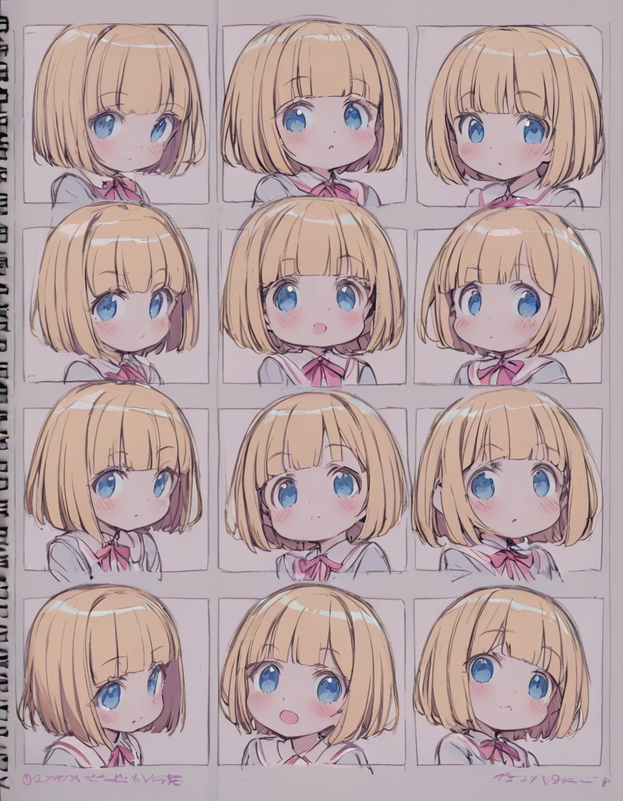 A girl from the magic school poses cutely in the center(Sketches), (Open Close), (Small body), (Pink Cheeks),Golden Hair, (Short Bob Hair:1.4), (Blue eyes)(Blunt bangs:1.3)