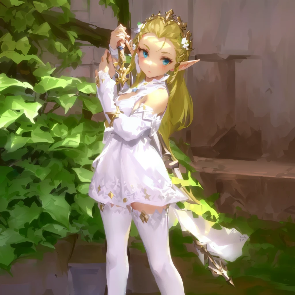 hair slicked back, there is a woman in a white dress holding a sword, elf princess, alluring elf princess knight, elf princess knight, elf girl, (((mad))) elf princess, ragnarok online, elf girl wearing an flower suit, lalafell, she has elf ears and gold eyes, elven princess, an elf queen, glossy white armor, pixie character