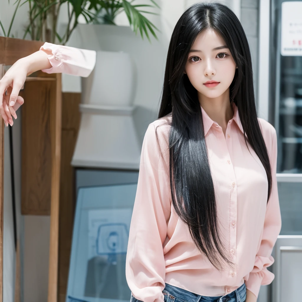 In manhwa art style young Korean woman 29s. Her hair is long and black color. Her face is oval than it is long, which carry a warm , expressive face. Her skin is radiant and clear, and her thin lips is pink. Small grey color eyes are captivating and misterios. She is wearing a jeans and white buttoned blouse while inside his photographic studio