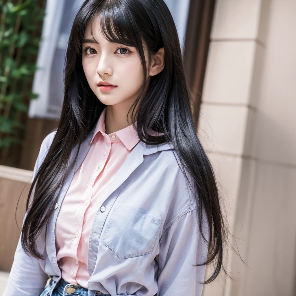 In manhwa art style young Korean woman 29s. Her hair is long and black color. Her face is oval than it is long, which carry a warm , expressive face. Her skin is radiant and clear, and her thin lips is pink. Small grey color eyes are captivating and misterios. She is wearing a jeans and white buttoned blouse while inside his photographic studio 