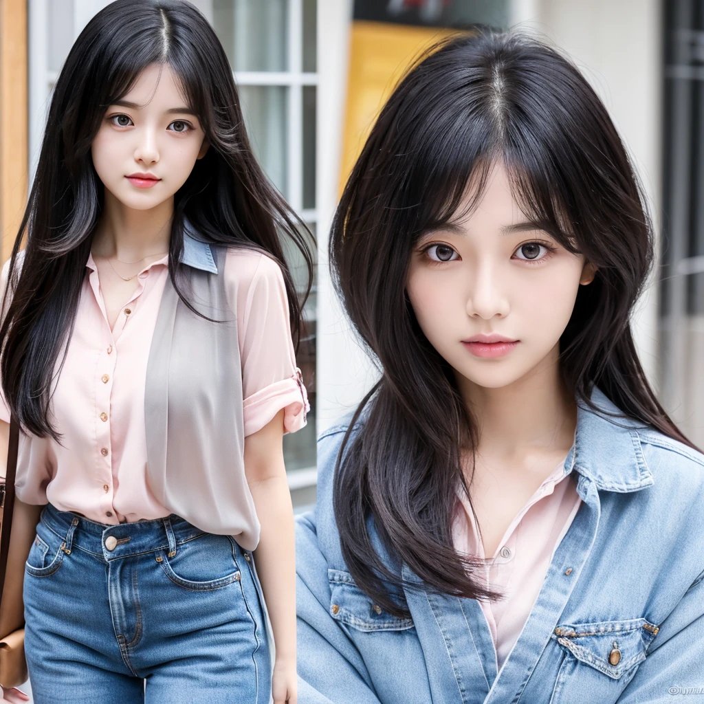 In manhwa art style young Korean woman 29s. Her hair is long and black color. Her face is oval than it is long, which carry a warm , expressive face. Her skin is radiant and clear, and her thin lips is pink. Small grey color eyes are captivating and misterios. She is wearing a jeans and white buttoned blouse while inside his photographic studio