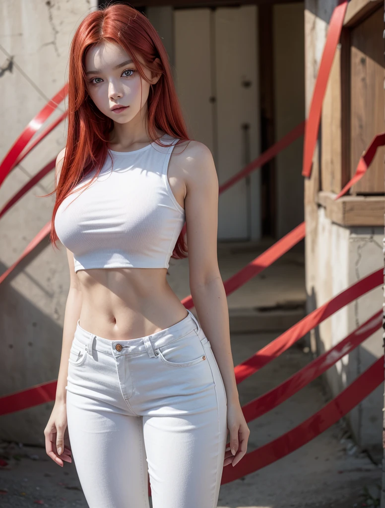 young girl, good body, sexy body, bright red hair, long hair, with bright red eyes, bright Eyes, White shirt, bright blue denim pants, short brown boots with white, standing, pose standing, eyes with red edges, eyes with red lines