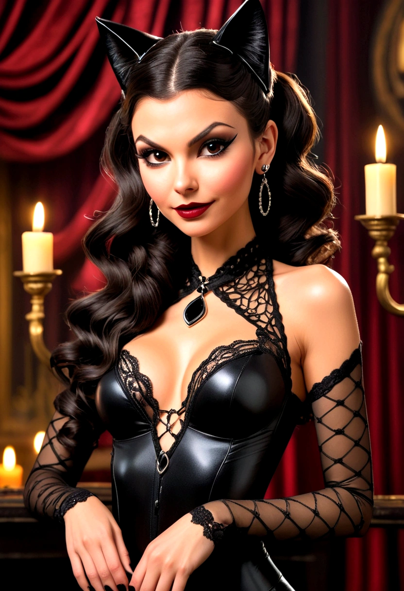 Full body shot Victoria Justice catwoman, ringlets wavy five feet long black hair, updo hairstyle with ponytail on one side and long hairpins holding the bun long braid, strong thighs, dark red glossy lips, heavy black eye shadow long black eyeliner, long sharp claws, black lace beautiful and creative catwoman bodysuit with no jewels, huge cleavage, clear ears no earrings, no earrings, no earrings, no earrings, no jewels, beautiful forehead lace ornament, posing in a feminine catwoman den, happy expression, dark ambience night time candle lights. No faces on her chest!