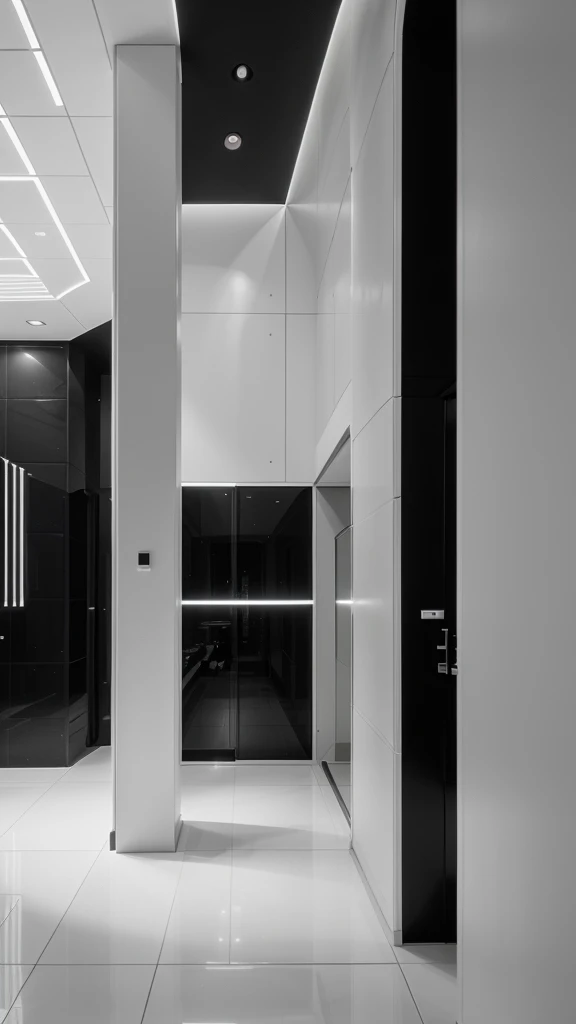 Within the modern, monochrome interior space, dynamic lines and architectural elements fill the space. In the center, there is a black screen panel surrounded by white structures with different textures and patterns. Elegant metal details and ambient lighting add to the futuristic aesthetic. Make sure the final image has a 9:16 ratio, suitable for smartphone wallpaper or digital displays in portrait orientation.