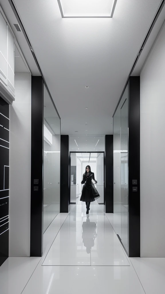 Within the modern, monochrome interior space, dynamic lines and architectural elements fill the space. In the center, there is a black screen panel surrounded by white structures with different textures and patterns. Elegant metal details and ambient lighting add to the futuristic aesthetic. Make sure the final image has a 9:16 ratio, suitable for smartphone wallpaper or digital displays in portrait orientation.