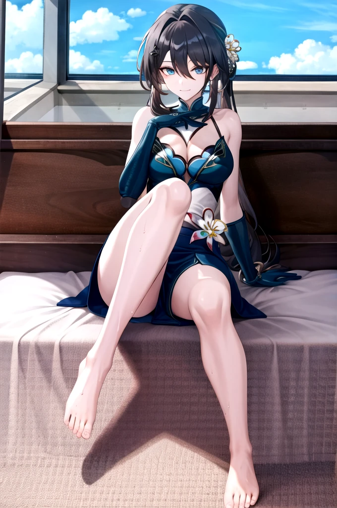 RUANMEI,Bangs,Long hair,skirt,Gloves,Hair between the eyes,Jewelry,Hair accessories,blue eyes,Black Hair,flower,black Gloves,blue skirt,indoors,bedroom,on the bed,A faint smile,wet, 1 Girl,
,  (masterpiece,best quality:1.2),absurd，whole body,,pretty feet，Bare legs,sexy,tall,thin legs