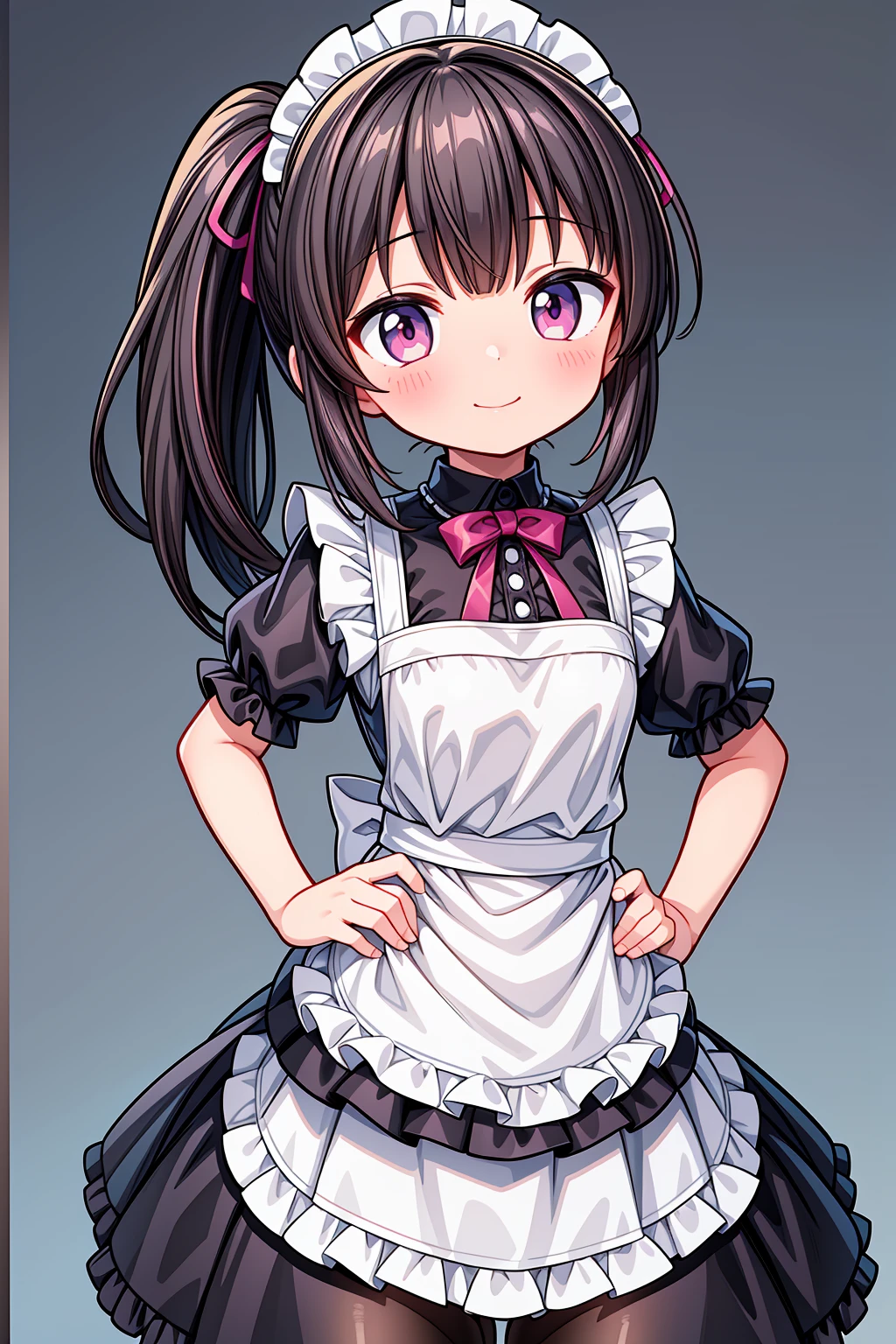 (Highest image quality), (highest quality), (masterpiece), (dynamic lighting), (photo realism), maid uniform, detailed face, ((loli)), ((girl)), (little curve), short black hair, one side ponytail hairstyle, pink eyes, ((very small bust)), (apron), smile, winking, kitchen background, ((very blushing)), ((detailed hands and fingers)), hands on the hips, viewer perspective from below, (blush), more detailed, EasyNegativeV2