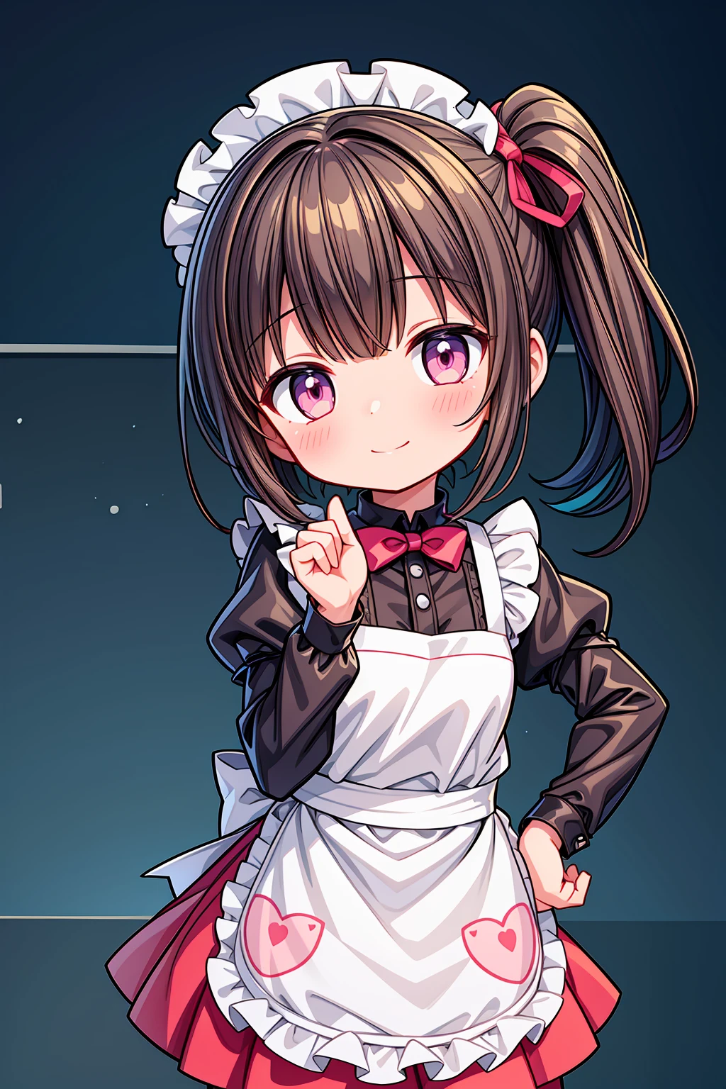 (Highest image quality), (highest quality), (masterpiece), (dynamic lighting), (photo realism), maid uniform, detailed face, ((li)), ((girl)), (little curve), short black hair, one side ponytail hairstyle, pink eyes, ((very small bust)), (apron), smile, winking, kitchen background, ((very blushing)), ((detailed hands and fingers)), hands on the hips, viewer perspective from below, (blush), more detailed, EasyNegativeV2