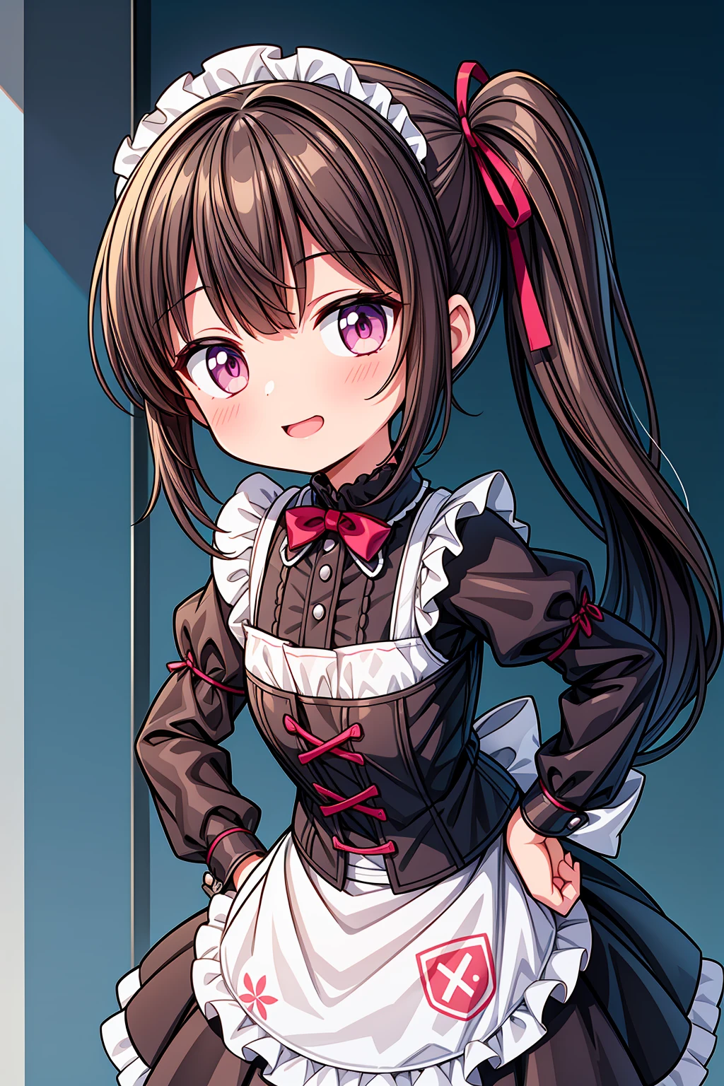 (Highest image quality), (highest quality), (masterpiece), (dynamic lighting), (photo realism), maid uniform, detailed face, ((loli)), ((girl)), (little curve), short black hair, one side ponytail hairstyle, pink eyes, ((very small bust)), (apron), smile, winking, kitchen background, ((very blushing)), ((detailed hands and fingers)), hands on the hips, viewer perspective from below, (blush), more detailed, EasyNegativeV2