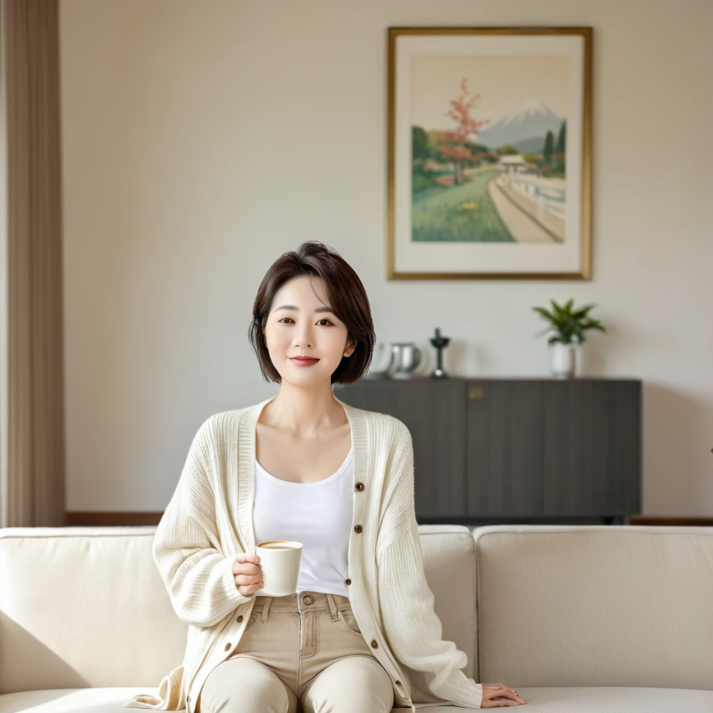 8k best picture quality, Beautiful 36-year-old Korean woman, short medium hair. Chest size 34 inches, Wearing a white T-shirt, a cardigan, and beige jeans.. luxury mansion living room, Sitting on the sofa Holding a ceramic coffee cup, full body shot