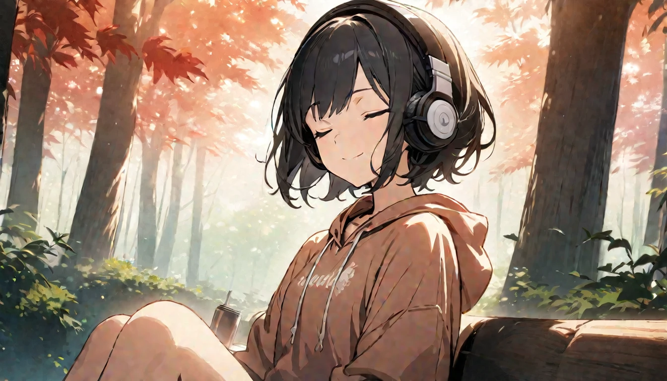 1girl, solo, gentle smile on her face flat chest, short hair, black hair, upper body, ((masterpiece, illustration, best quality)) ((best quality)), ((masterpiece)), (detailed), perfect face, sitting under the japanese maple forest, listening to music, One woman, wearing headphones, eyes closed, wearing a hoodie