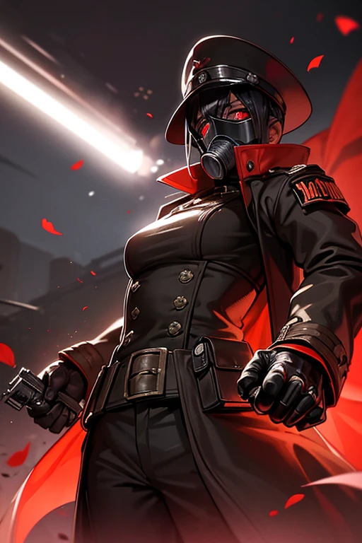 Dark steampunk officer, dark fantasy, holding a pistol, gasmask with red glowing eyes, coat, hat, intimidating, executing villagers, german ww2 style