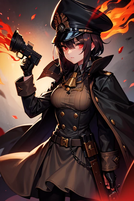 Dark steampunk officer, dark fantasy, holding a pistol, gasmask with red glowing eyes, coat, hat, intimidating, executing villagers, german ww2 style