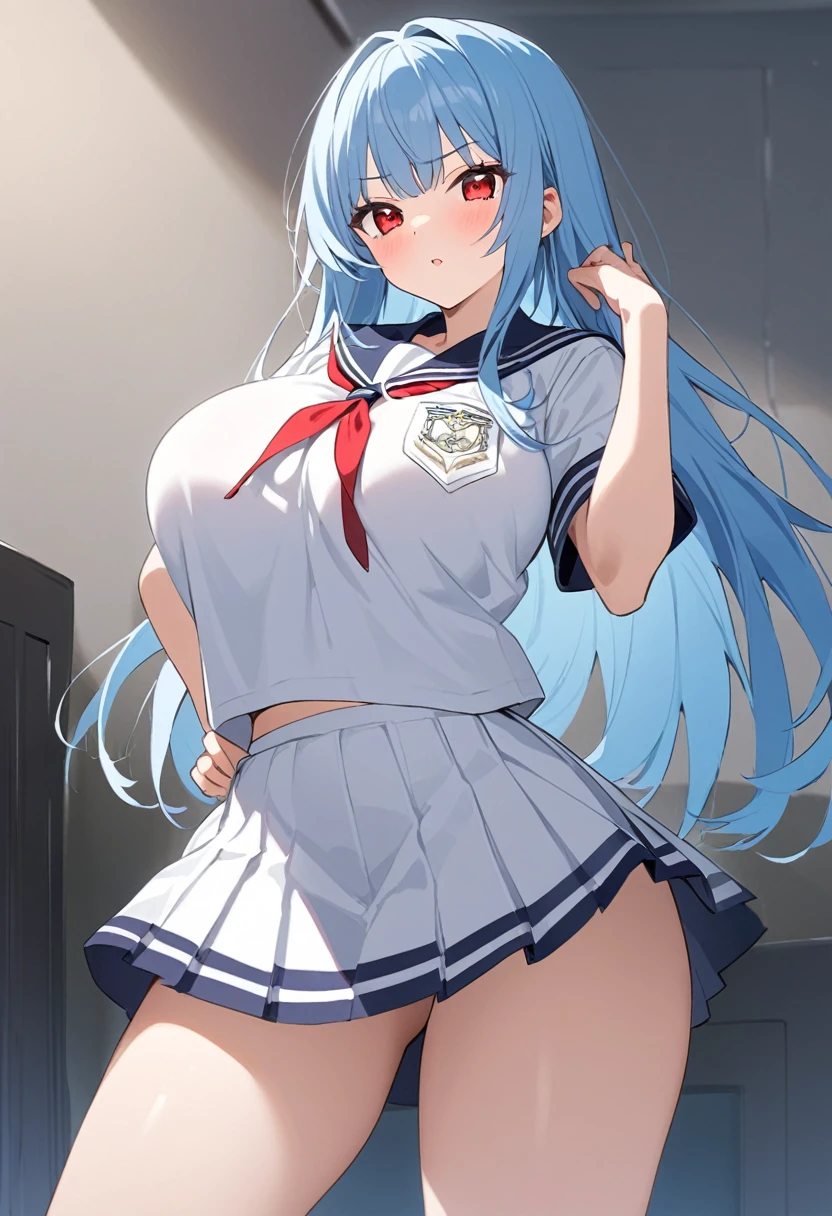 My name is Yukiko.I am a white test woman with long light blue hair,red eye color.I am 1.62 cm tall . My measure 200 cm, my waist 40 cm and my hips 200 cm. Dressed in a white short-sleeved sailor uniform shirt and a navy blue miniskirt. With big bre