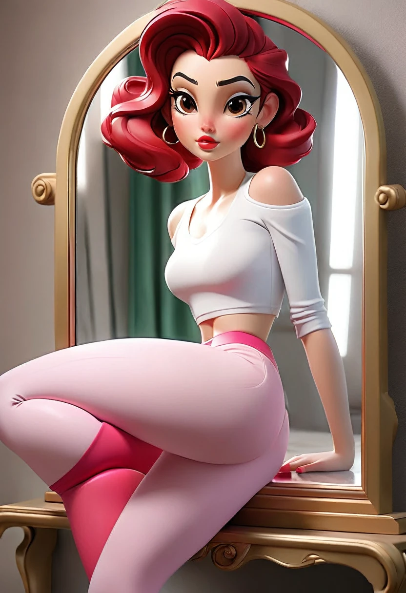 white skinned lady, culona, big legs, small waist, with dark pink leggings, In the mirror