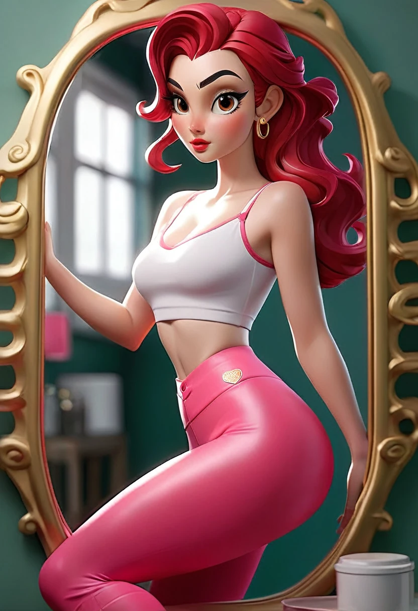 white skinned lady, culona, big legs, small waist, with dark pink leggings, In the mirror