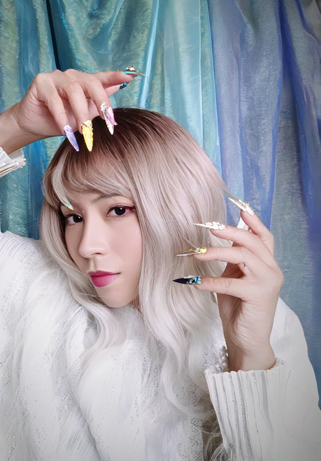 blond woman with long white hair and colorful nails holding a pair of scissors, long claws, with the index finger, with long white hair, with long white hair, long nails, long nails, with claws, with fingers, two white tails_gauntlets, shining claws, claws are up, japanese gyaru portrait, claws, painted nails, long fingers