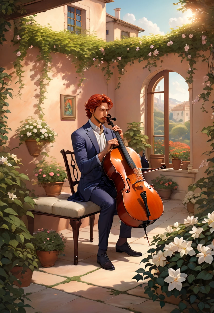 in anime art style, masterpiece, best quality, Photorealistic, ultra-high resolution, photographic light, illustration by MSchiffer, fairytale, Hyper detailed, Minimalist scene, a Latin man looks out the window at a minimalist garden of jasmine of various colors, in the garden there is a red-haired man playing a cello