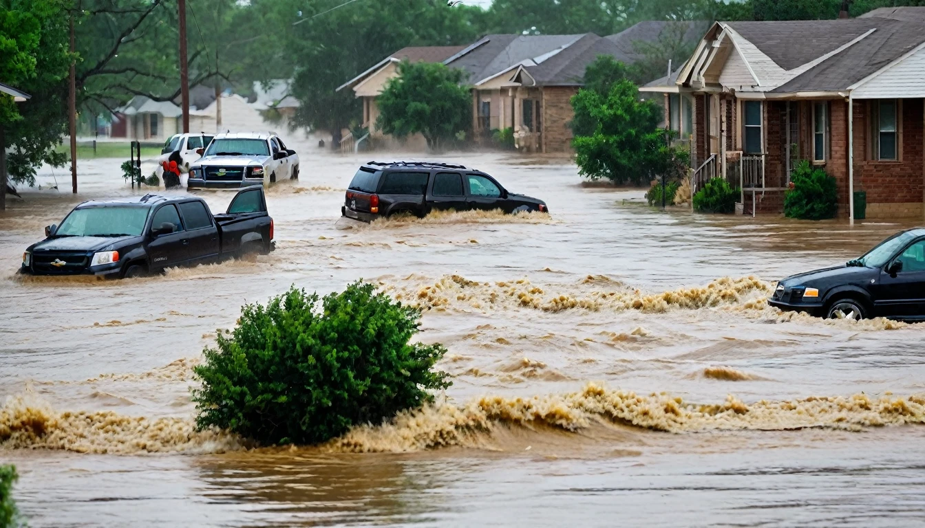 whoa, dramatic image depicts a chaos scenario. Strong winds flash houses. Waves of flash floods cause flooding and destruction in Texas. People trapped in floating cars, submerged houses and debris thrown into the air.