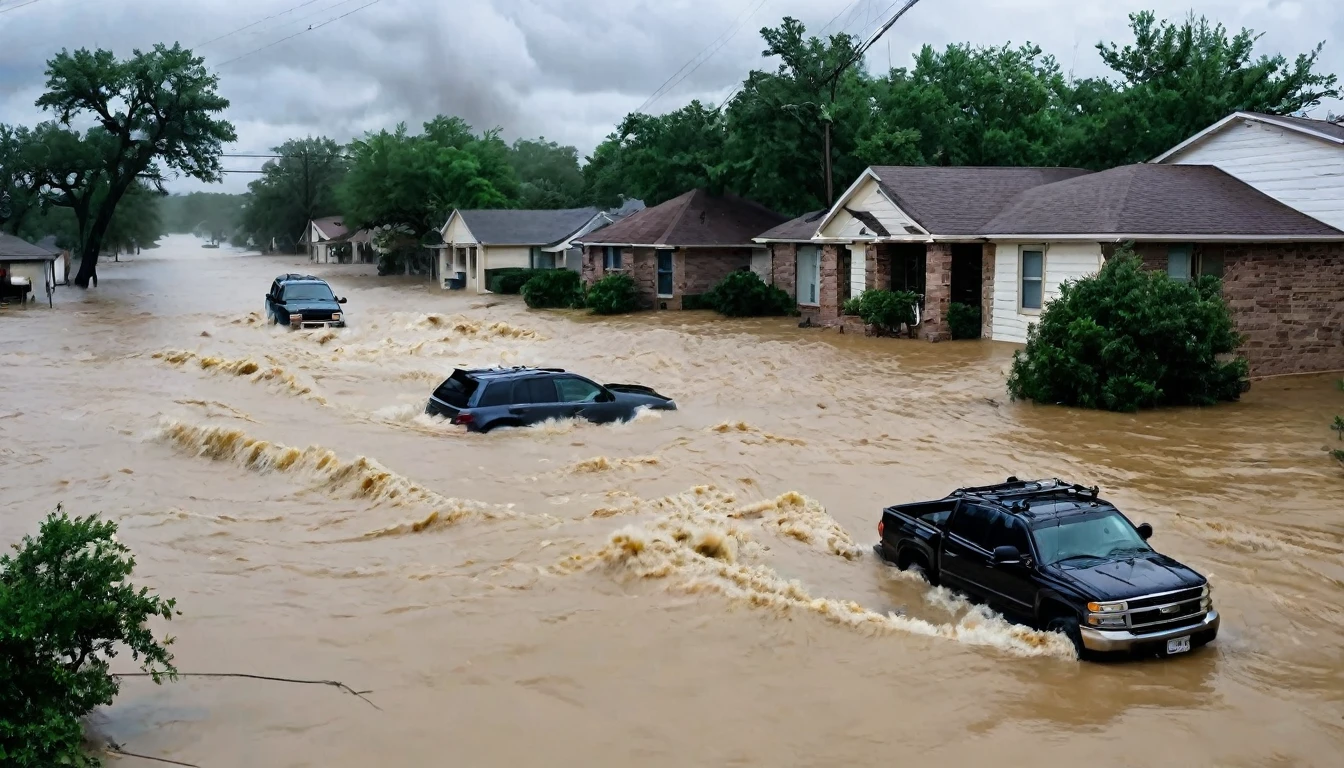whoa, dramatic image depicts a chaos scenario. Strong winds flash houses. Waves of flash floods cause flooding and destruction in Texas. People trapped in floating cars, submerged houses and debris thrown into the air.