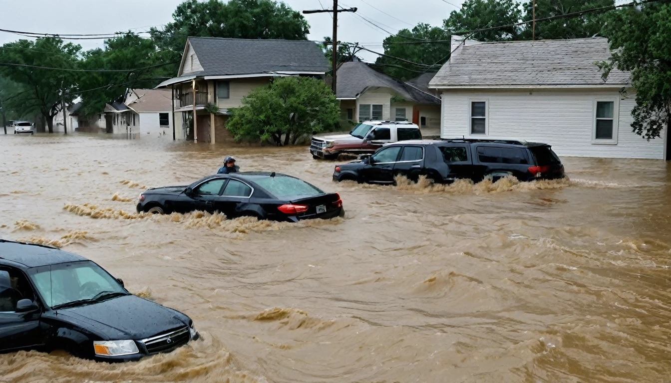 whoa, dramatic image depicts a chaos scenario. Strong winds flash houses. Waves of flash floods cause flooding and destruction in Texas. People trapped in floating cars, submerged houses and debris thrown into the air.