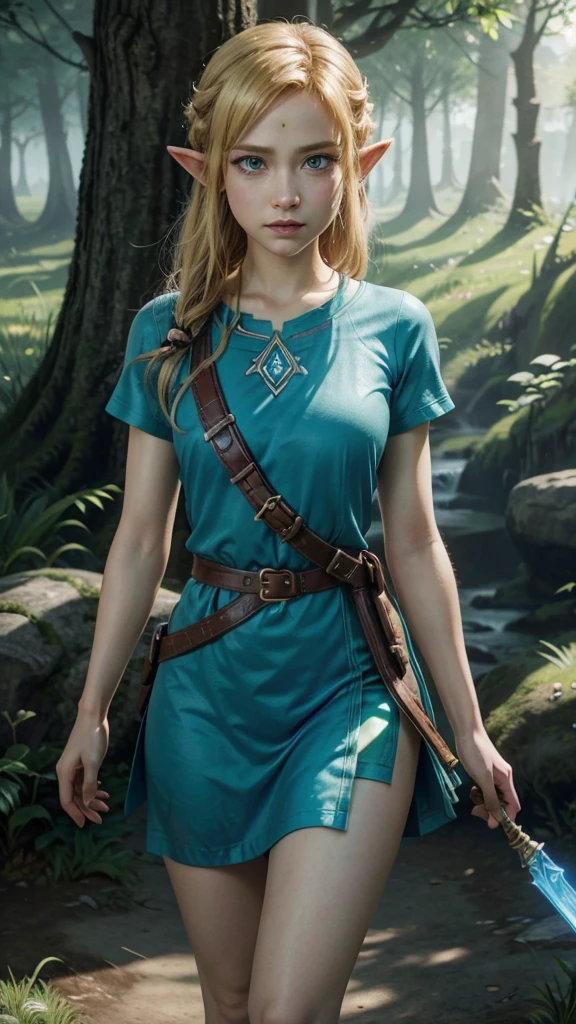 Princess Zelda, Link、Artist Request, belt, Blonde, blue shirt, Book, boots, Expressionless, whole body, Green Eyes, High resolution, View your viewers, magic, Nintendo, pants, Pointed Ears, shirt, short hair, Simple Background, alone, The Legend of Zelda, The Legend of Zelda: Breath of the Wild, The Legend of Zelda: Tears of the Kingdom, Flowers made of light, magic