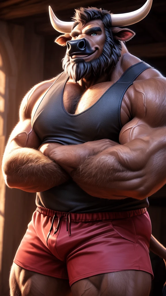 4k, high resolution, best quality, perfect colors, perfect shadows, posted on e621, portrait shot, furry body, solo,
anthro brown minotaur, (monotone brown fur, anatomically correct bovine tail:1.3), male, (middle-aged, mature:1.2), (curved bovine horns), (focus on face, black nose, beard:1.55), (strongman, heavily muscular, beefy, massive, veiny, buff, manly, masculine:1.41), correct anatomy, (photorealistic fur, detailed fur, epic, masterpiece, smile:1.4), (photographic rendering, soft lighting:1.61), (nails on hands), detailed eyes, (long white sports tank-top:1.3), (red shorts:1.4), ((arms crossed)), best posture