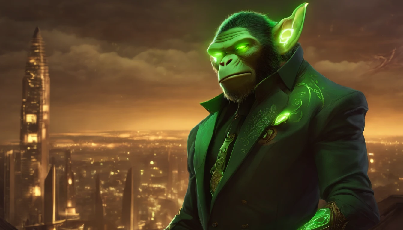 Ancient anime style, artbook, comicbook, RPG, futuristic medieval. A magic monkey orc man secret agent, wearing a modern and elegant thin suit with glowing magic circuits, dynamic monkey pose, full body, green ork face with glowing magic tribal tattoos with warm tones, monkey features, monkey tail, fur of monkey in orc ears, glowing eyes, using a technological magic long staff with glowing magic circuits. A city in a kingdom of an ancient civilization with advanced technology, with tall buildings, mixing technology with magical vegetation. Wide scenery, cinematic scene with several layers of depth, dynamics, magical lighting.