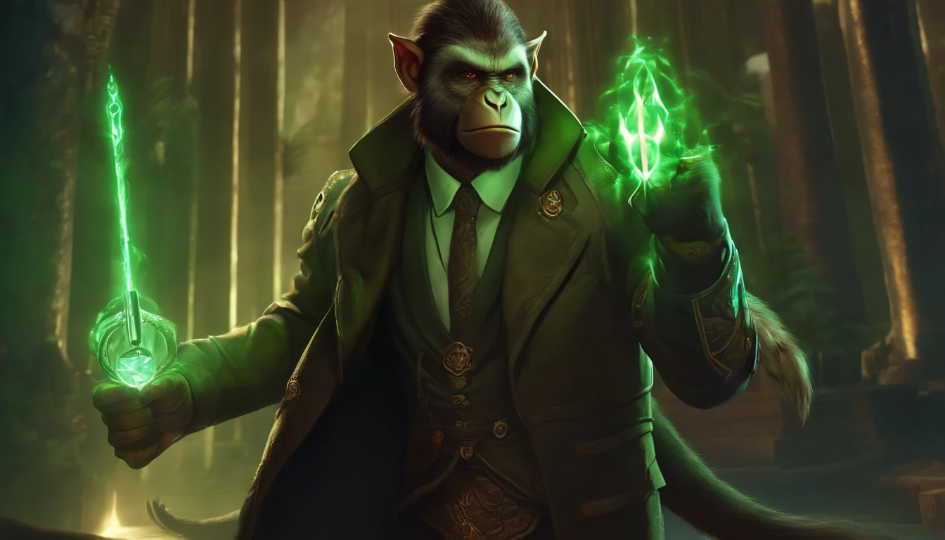 Ancient anime style, artbook, comicbook, RPG, futuristic medieval. A magic monkey orc man secret agent, wearing a modern and elegant thin suit with glowing magic circuits, dynamic monkey pose, full body, green ork face with glowing magic tribal tattoos with warm tones, monkey features, monkey tail, fur of monkey in orc ears, glowing eyes, using a technological magic long staff with glowing magic circuits. A city in a kingdom of an ancient civilization with advanced technology, with tall buildings, mixing technology with magical vegetation. Wide scenery, cinematic scene with several layers of depth, dynamics, magical lighting.