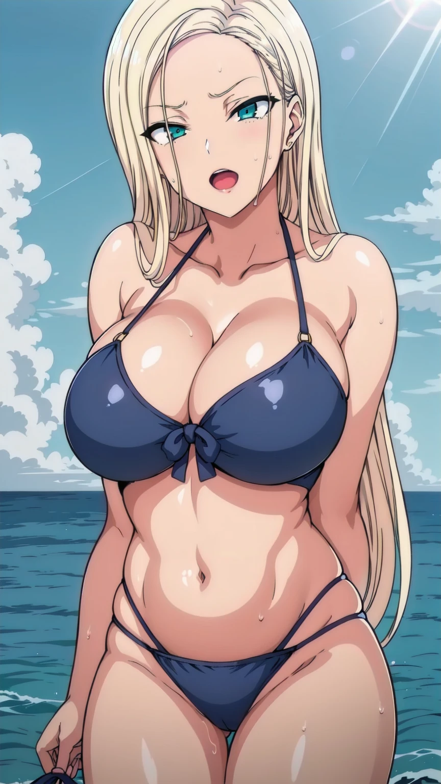 blonde_hair, green_eye,length_hair,Broke up_前hair,(narrow_Waist),looking at the viewer, blue theme, blue background, cloudy sky, sunlight, sweat, orgasmic, bikini swimsuit, large breasts, cleavage, belly button exposed, collarbone, thighs, sea ,