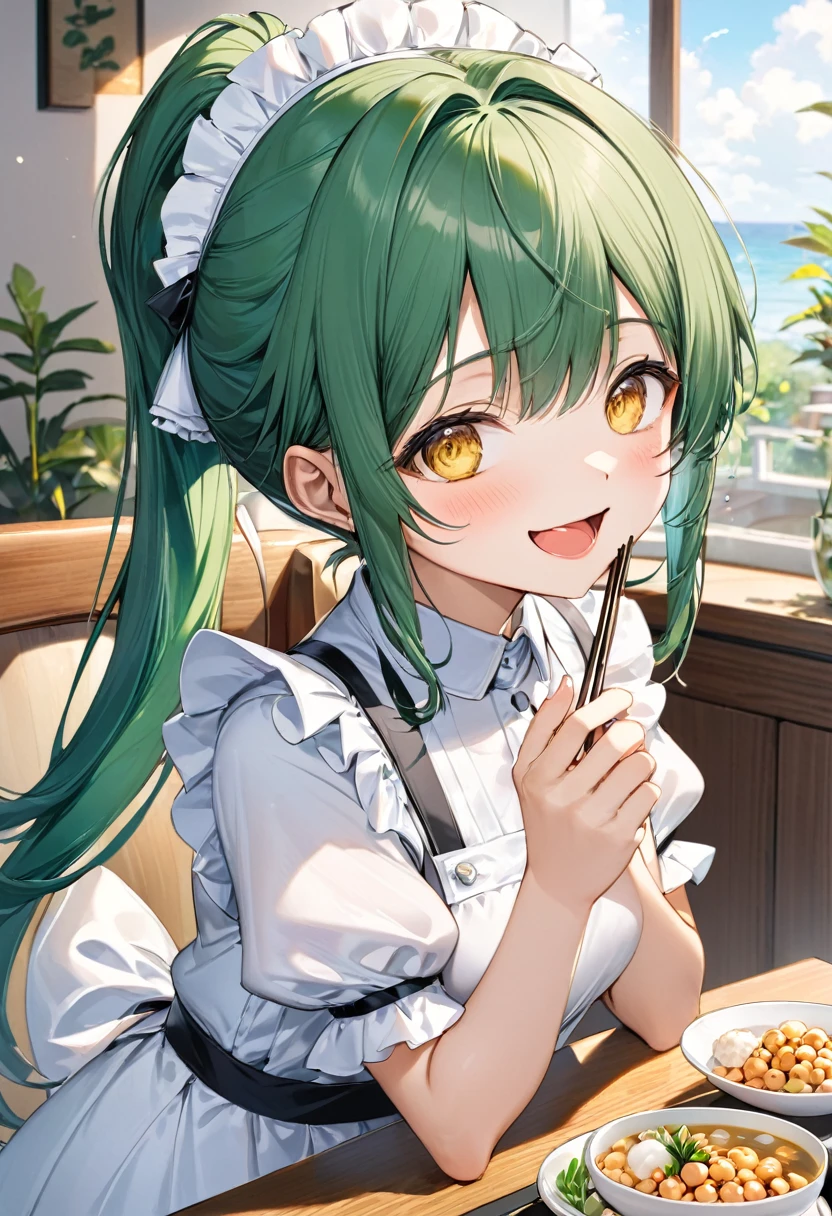(eating style) (solo:2, 15 yo, ponytail green hair long hair cute girl, cute yellow eyes, cute open mouth, use chopsticks, Eating natto in mouth, happy smile, medium tits), (in a summer maid clothes), break, in the livingroom, BREAK, perfect anatomy, masterpiece, best quality, 16k, beautiful detailed grow, daydreaming expression.