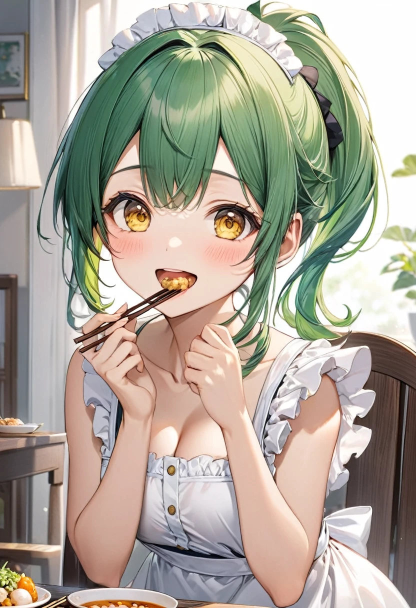(eating style) (solo:2, 15 yo, ponytail green hair long hair cute girl, cute yellow eyes, cute open mouth, use chopsticks, Eating natto in mouth, happy smile, medium tits), (in a summer maid clothes), break, in the livingroom, BREAK, perfect anatomy, masterpiece, best quality, 16k, beautiful detailed grow, daydreaming expression.