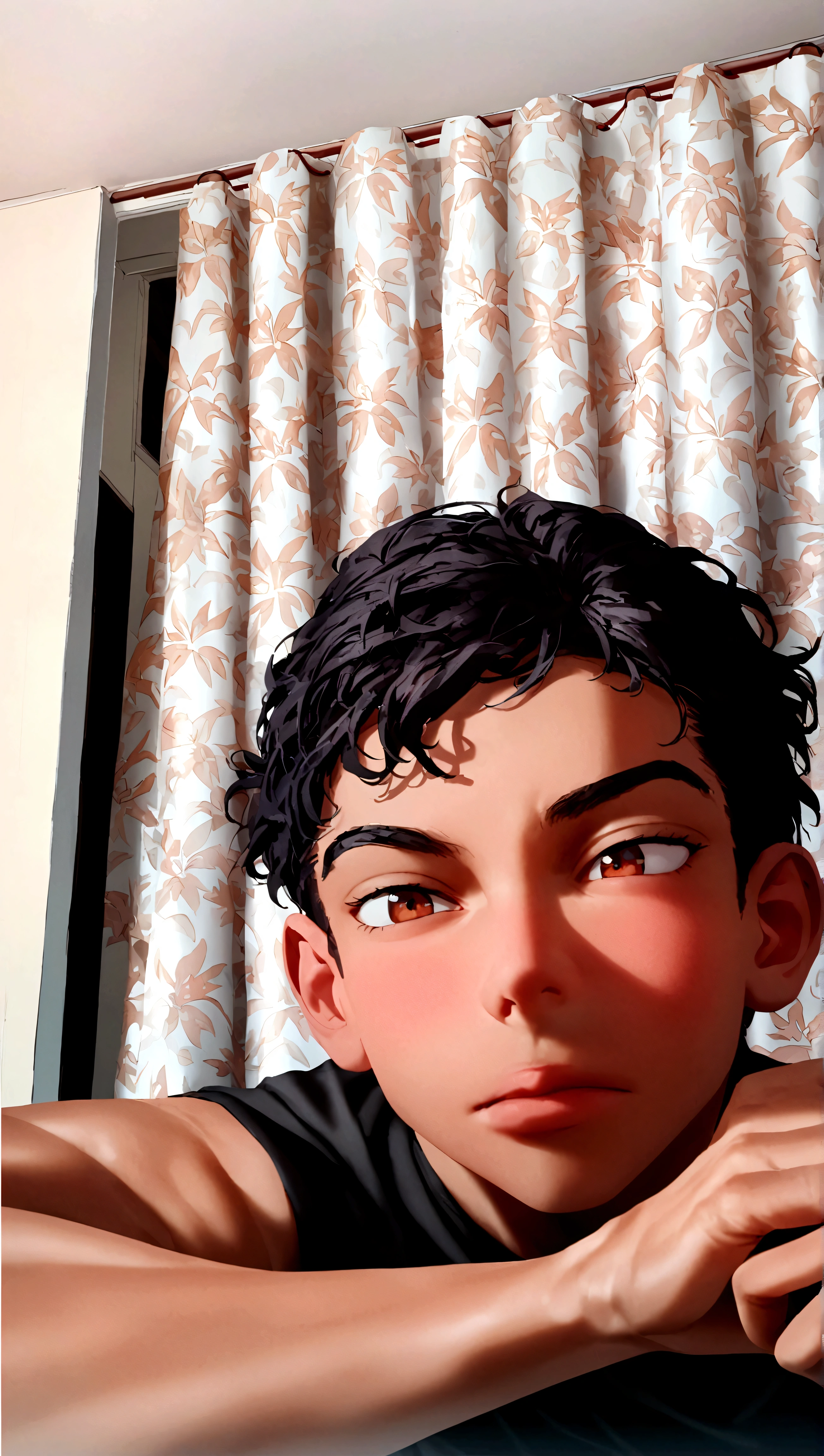 It's a Pixar model, a boy with an oversized black shirt with a cell phone in his hand