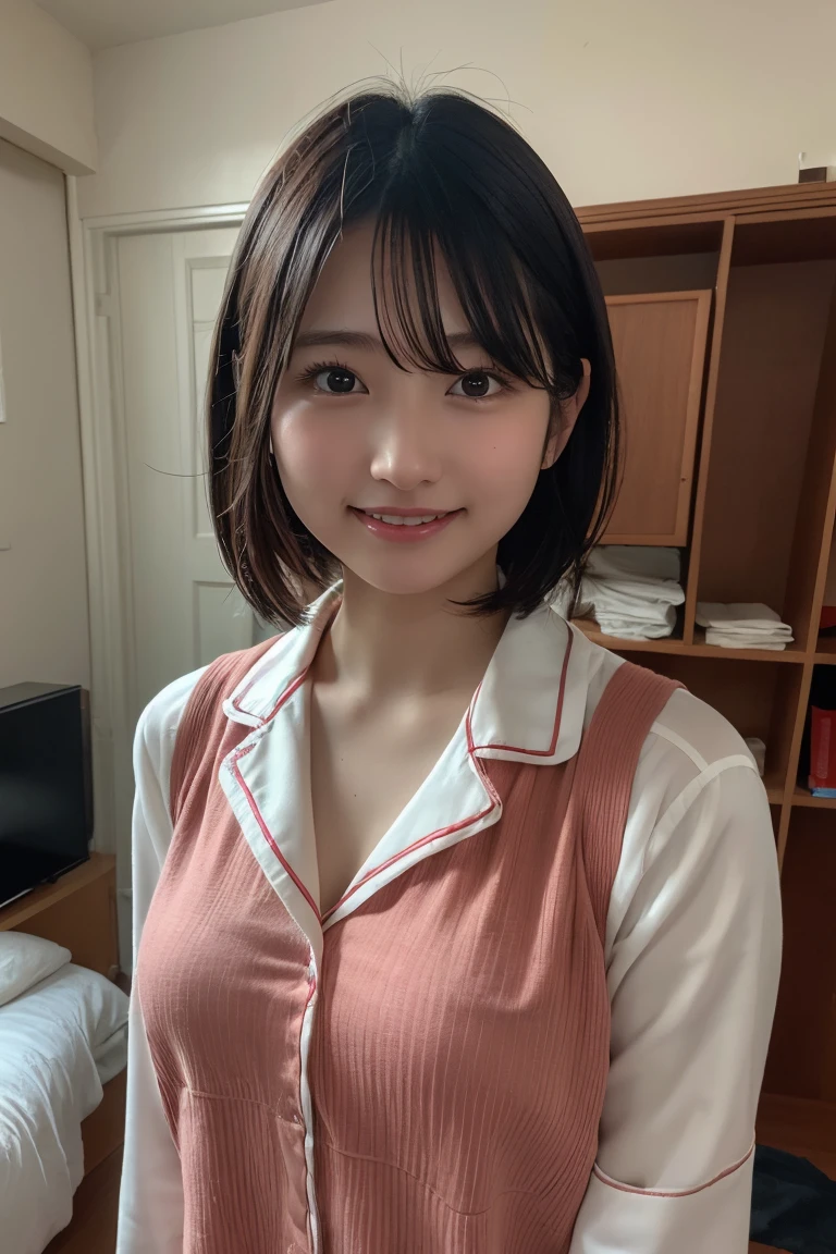 (8K, RAW Photos, Highest quality, High resolution: 1.1), (ultra Realistic: 1.4), (Realistic, Realistic: 1.3), The Beauty of Japan, pajamas, ((Upper Body: 1.3)) High resolution, Realistic image of a Japanese woman with short hair, She has big breasts and red cheeks, Look at that, smile She looks at it, smile, While taking a selfie. Her smartphone is close to her face. She appears to be live streaming from her home., Spread on the bed, With a blanket over my chest.Embarrassed face
