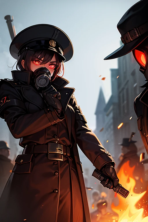 Dark steampunk officer, dark fantasy, holding a pistol, gasmask with red glowing eyes, coat, hat, intimidating, executing villagers, german ww2 style