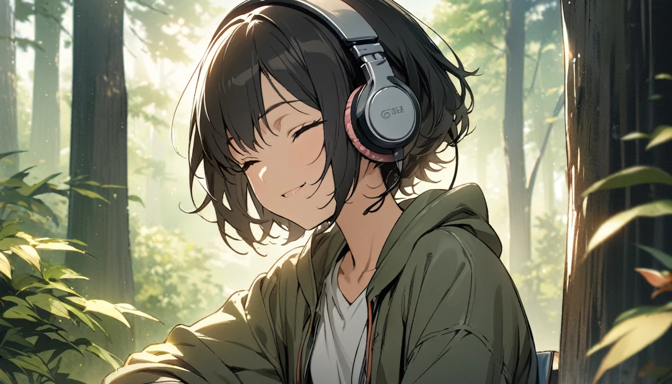 1girl, solo, gentle smile on her face flat chest, short hair, black hair, upper body, ((masterpiece, illustration, best quality)) ((best quality)), ((masterpiece)), (detailed), perfect face, sitting under the japanese maple forest, listening to music, One woman, wearing headphones, eyes closed, wearing a hoodie