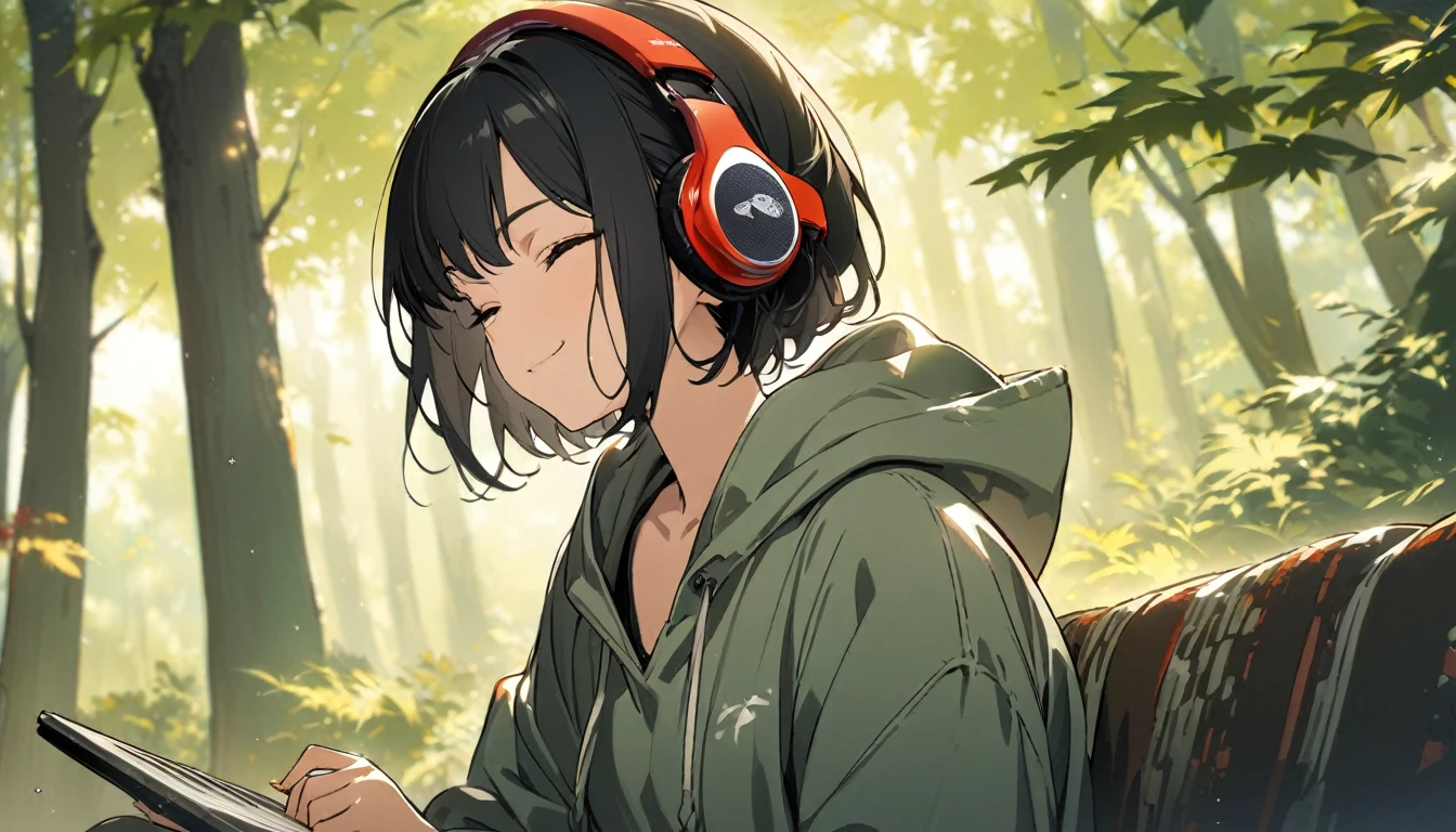 1girl, solo, gentle smile on her face flat chest, short hair, black hair, upper body, ((masterpiece, illustration, best quality)) ((best quality)), ((masterpiece)), (detailed), perfect face, sitting under the japanese maple forest, listening to music, One woman, wearing headphones, eyes closed, wearing a hoodie