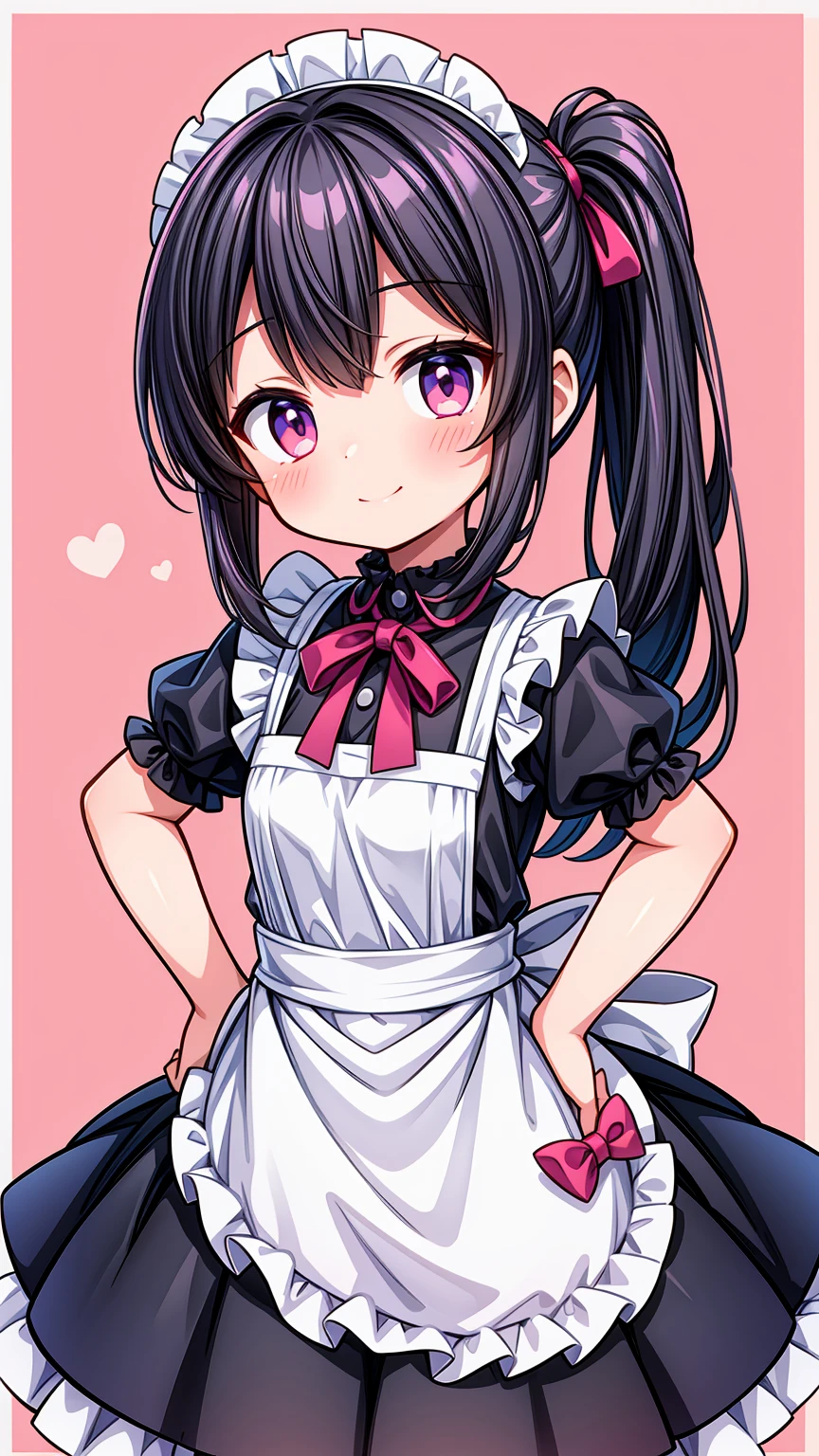 (Highest image quality), (highest quality), (masterpiece), (dynamic lighting), (photo realism), maid uniform, detailed face, ((loli)), ((girl)), (little curve), short black hair, one side ponytail hairstyle, pink eyes, ((very small bust)), (apron), smile, winking, kitchen background, ((very blushing)), ((detailed hands and fingers)), hands on the hips, viewer perspective from below, (blush), more detailed, EasyNegativeV2