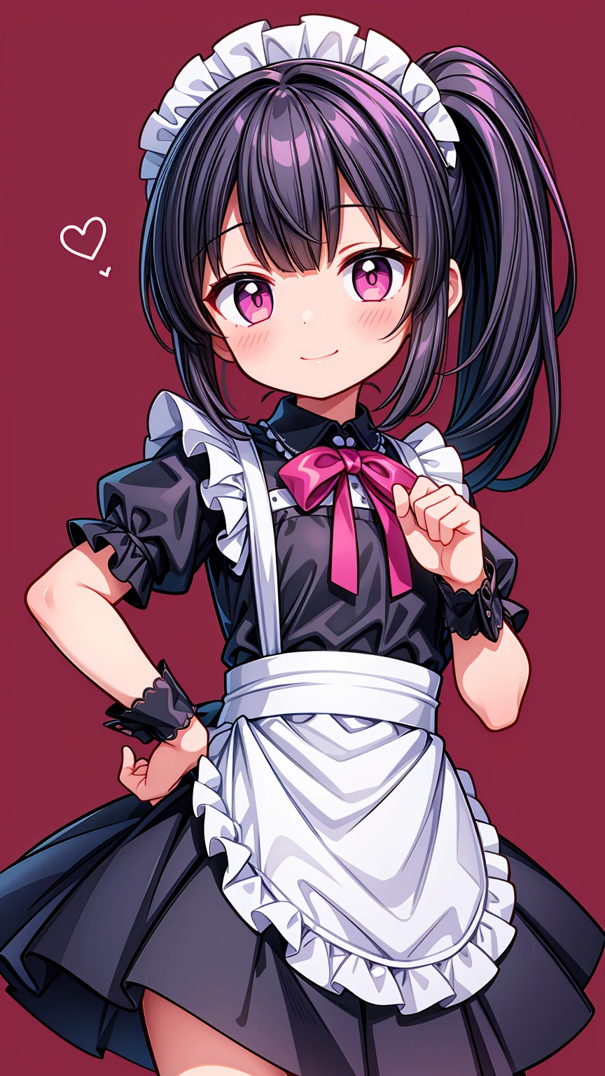 (Highest image quality), (highest quality), (masterpiece), (dynamic lighting), (photo realism), maid uniform, detailed face, ((loli)), ((girl)), (little curve), short black hair, one side ponytail hairstyle, pink eyes, ((very small bust)), (apron), smile, winking, kitchen background, ((very blushing)), ((detailed hands and fingers)), hands on the hips, viewer perspective from below, (blush), more detailed, EasyNegativeV2