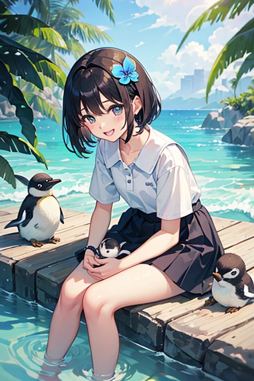 Highest quality、Black Hair、Iris、short hair、girl、cute、16 years old、、Small hair ornament、1 person、zoo、Playing with penguins、A happy smile、