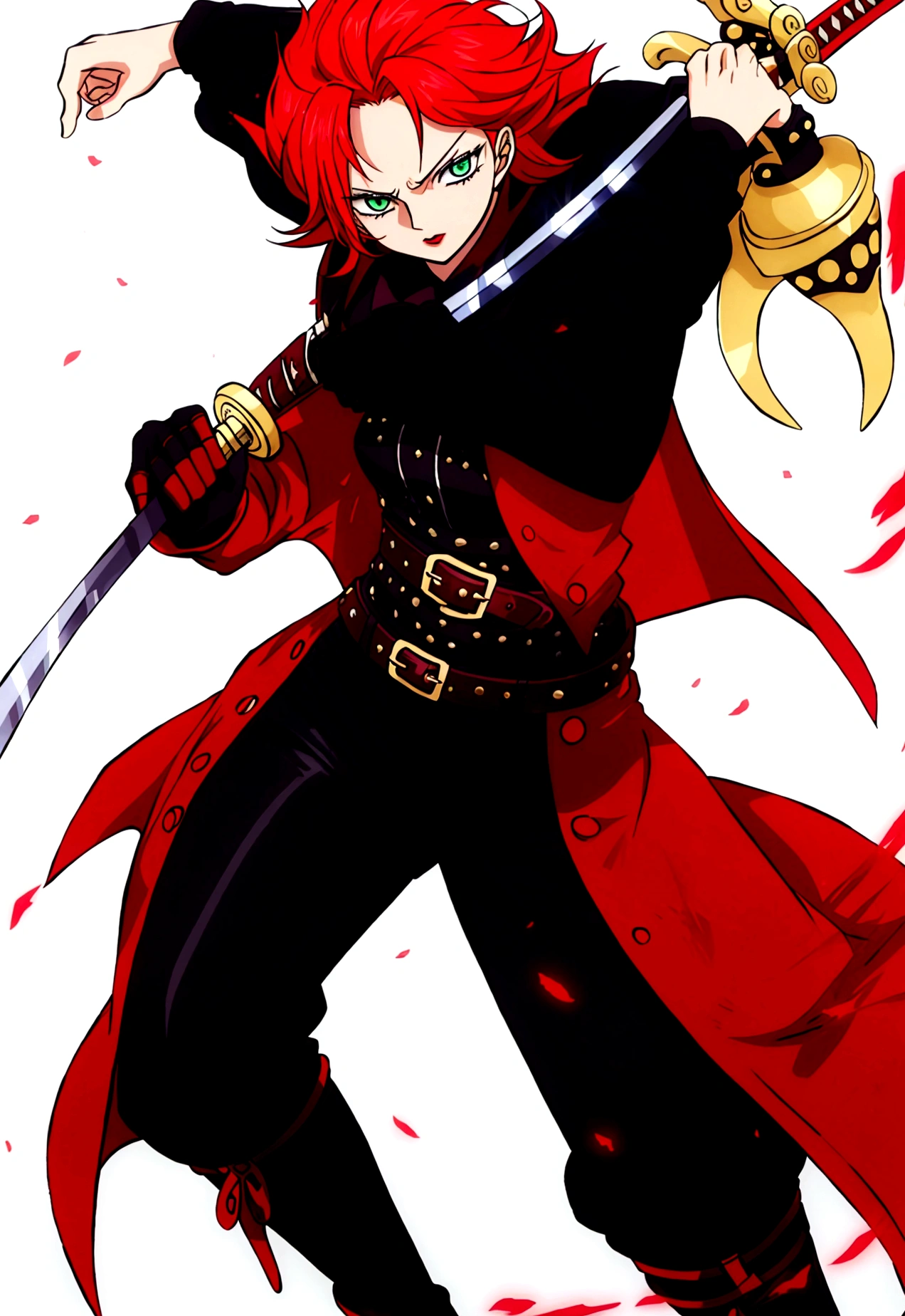 Anny D. Rouge has long vibrant red hair, inherited from Shanks, and intense green eyes. His presence is striking, with a tall and slender build. Wear a red leather jacket, with gold details, over a fitted black blouse. Your pants are tight and dark, secured by a belt with a skull-shaped buckle. Wears black knee-high boots and fingerless gloves. Wields a katana dexterously, combining Shanks&#39; technical elegance with his own strength and agility. Has a natural talent for Observation Haki, making her a formidable swordsman.