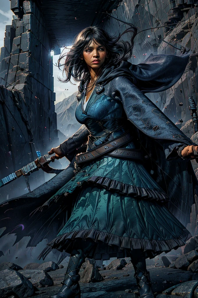 MariaCalavera, dark skin, black hair, short hair, silver eyes, dress, cleavage, cape, belts, hood, cowboy shot, (dynamic pose), standing in city ruins on hill, in valley, BREAK mountains in background, waterfall, crowd, (crowd in military uniform), post-apocalypse, dystopian future, (volumetric lighting), intricate details, tonemapping, sharp focus, hyper detailed