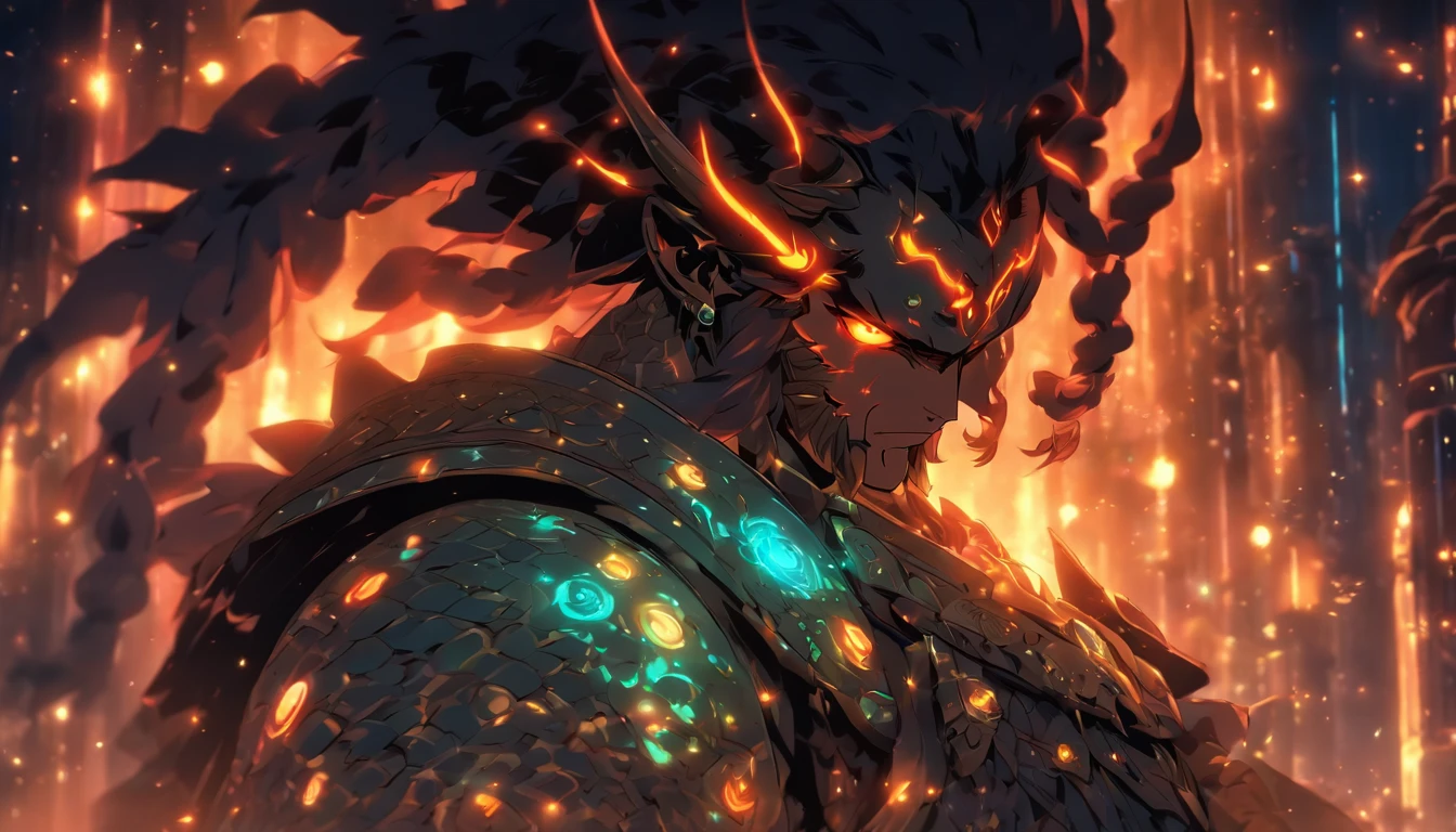 old anime style, artbook, comicbook, RPG, futuristic medieval, Steampunk. A demon warrior of light, wearing technological medieval magical armor with glowing magical markings, pose dynamics, fully body, human face with bright magical tribal tattoos with white tones, demon characteristics, golden horns with glowing magic markings, demon tail, magical pearly stone skin with shiny carved marks, glare eyes, using a technological magic long spear with glowing magic circuits. In a metropolis of a celestial kingdom with advanced technology, with tall buildings with neon details, mixing technology with magical vegetation, Steampunk. Broad scenario, cinematic scene with several layers of depth, dynamics, magical lighting.