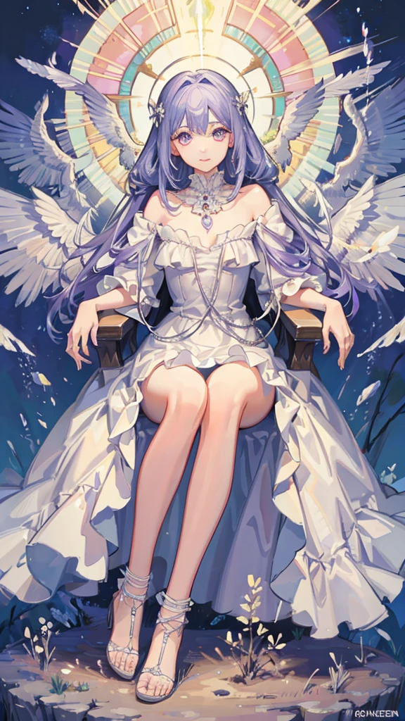 (composição perfeita, high detailed, high detailed face, 8k resolution, more detailed dress) long dress, mature woman, adult, beautiful face, white long hair, fabulous fancy purple long queen dress, ice queen,  ice organic curvly throne, extensious dress, heels, fade out slnow forest and mountain background, dark fantasy style, digital illustration, goddess aura, beauty aspects, gentile expressions, detailed face, very detailed, light from above holy aura, imponent prescence, light holofot, high quality shadows, sunrise light