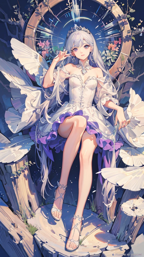 (composição perfeita, high detailed, high detailed face, 8k resolution, more detailed dress) long dress, mature woman, adult, beautiful face, white long hair, fabulous fancy purple long queen dress, ice queen,  ice organic curvly throne, extensious dress, heels, fade out slnow forest and mountain background, dark fantasy style, digital illustration, goddess aura, beauty aspects, gentile expressions, detailed face, very detailed, light from above holy aura, imponent prescence, light holofot, high quality shadows, sunrise light