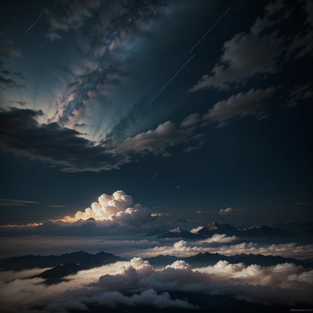 1 girl, Look like, close up, beautiful night sky, meteor shower, beyond the clouds, surrounded water, Reflections, wide angels, awesome clouds, wide angle, by Makoto Shinkai, thomas kinkade, James Gillard, por holosomnialandscape, HDR, volumetric lighting, ray tracing, an intricate, High details, Very detailed, Deviantart, 4k vertical wallpaper,, showy, airy, animated illustration, anime nature wallpaper